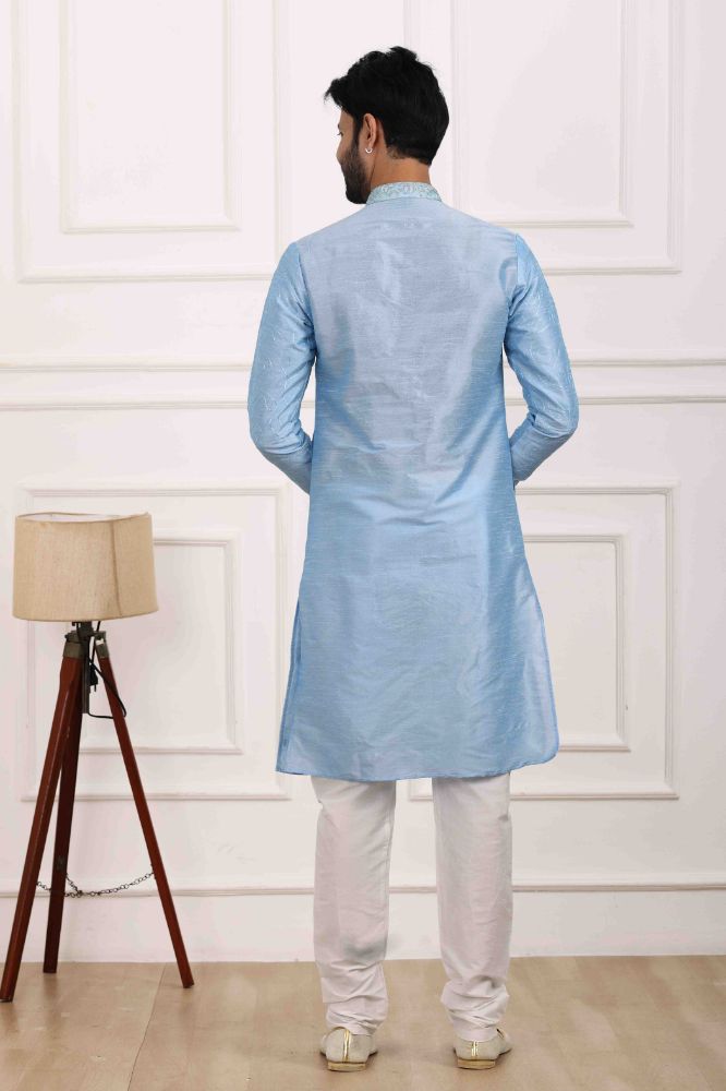 Raivat Ethnic Art Banarasi Silk Thread Work Kurta Pajama In Sky Blue Colour