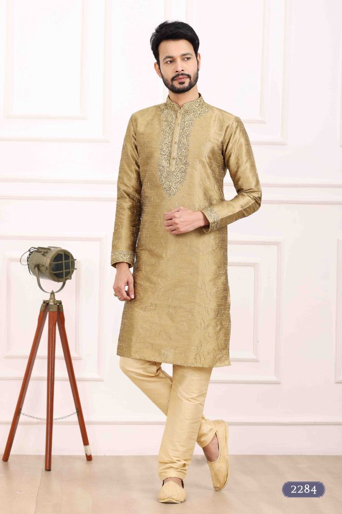 Raivat Ethnic Art Banarasi Silk Thread Work Kurta Pajama In Beige Colour