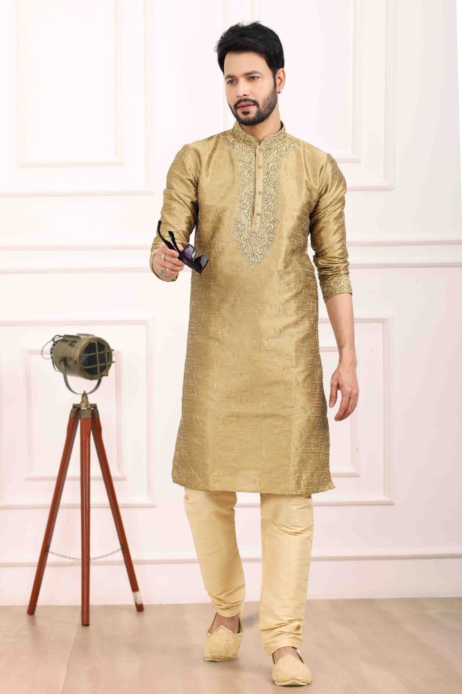 Raivat Ethnic Art Banarasi Silk Thread Work Kurta Pajama In Beige Colour