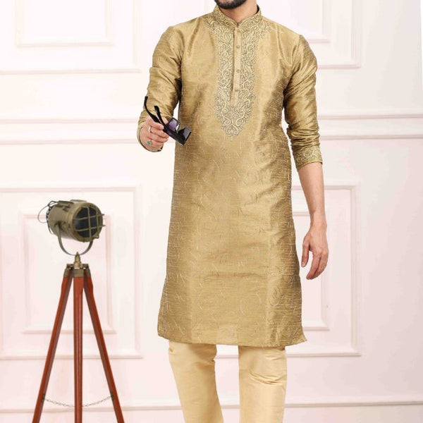 Raivat Ethnic Art Banarasi Silk Thread Work Kurta Pajama In Beige Colour