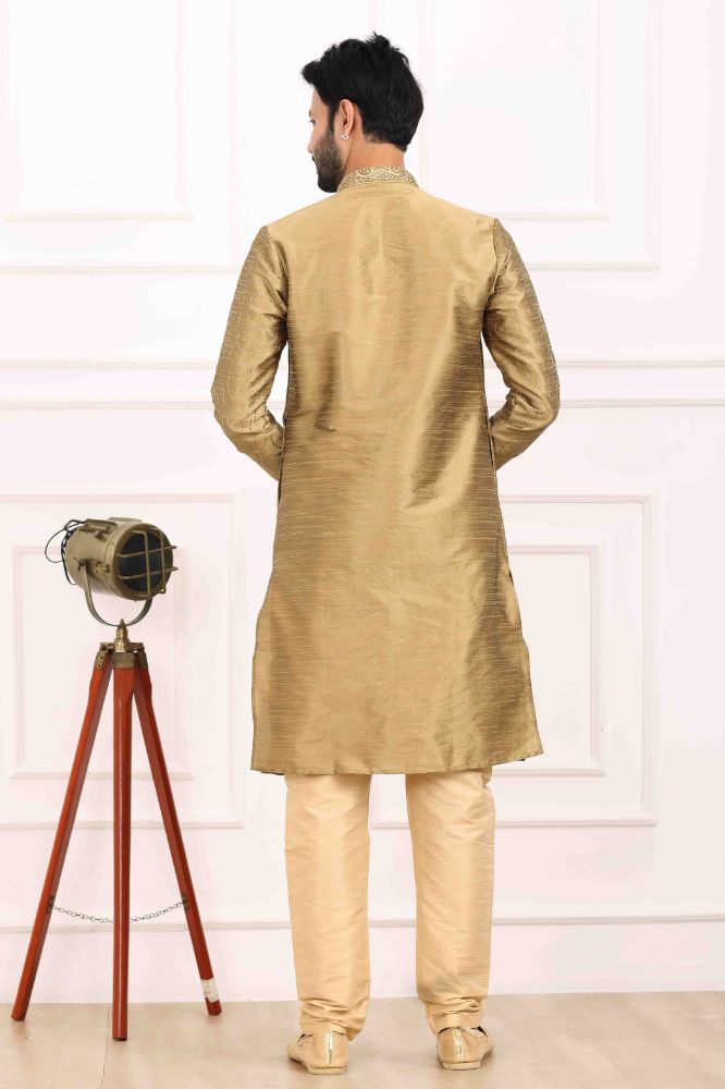 Raivat Ethnic Art Banarasi Silk Thread Work Kurta Pajama In Beige Colour