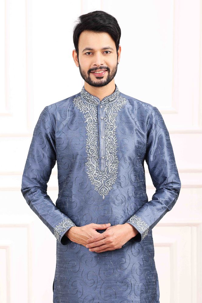 Raivat Ethnic Art Banarasi Silk Thread Work Kurta Pajama In Blue Colour