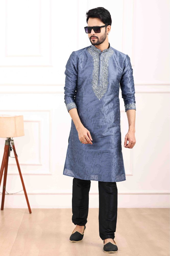 Raivat Ethnic Art Banarasi Silk Thread Work Kurta Pajama In Blue Colour