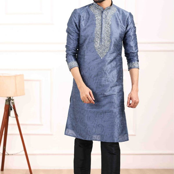 Raivat Ethnic Art Banarasi Silk Thread Work Kurta Pajama In Blue Colour