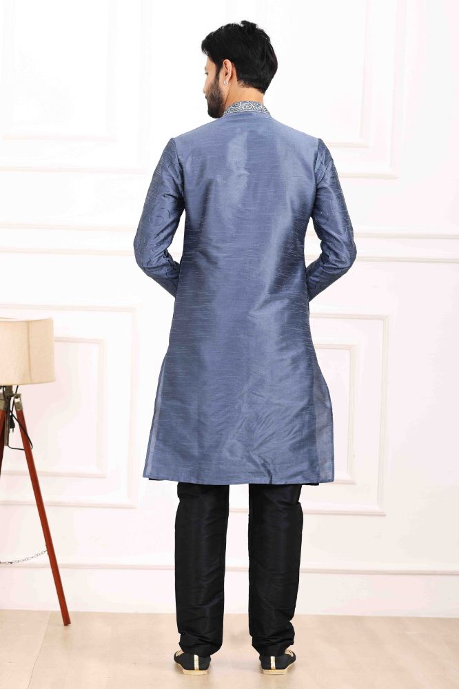 Raivat Ethnic Art Banarasi Silk Thread Work Kurta Pajama In Blue Colour