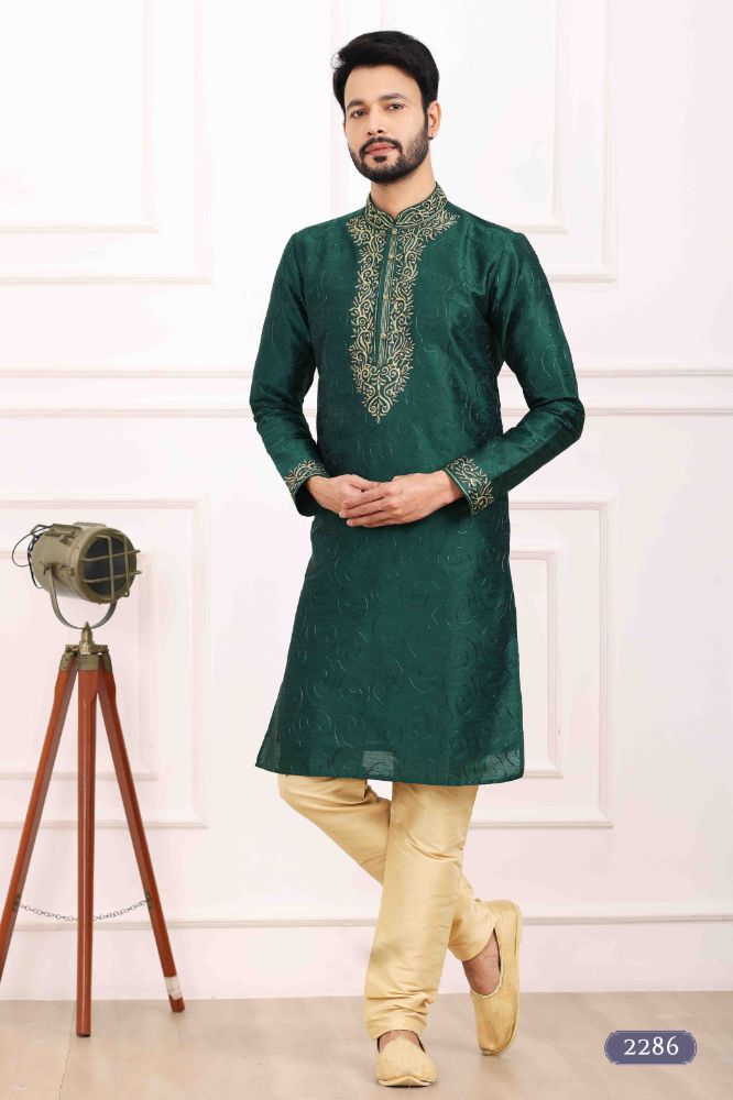 Raivat Ethnic Art Banarasi Silk Thread Work Kurta Pajama In Green Colour