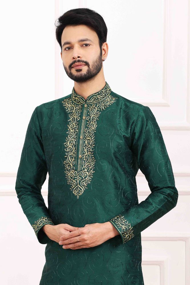 Raivat Ethnic Art Banarasi Silk Thread Work Kurta Pajama In Green Colour