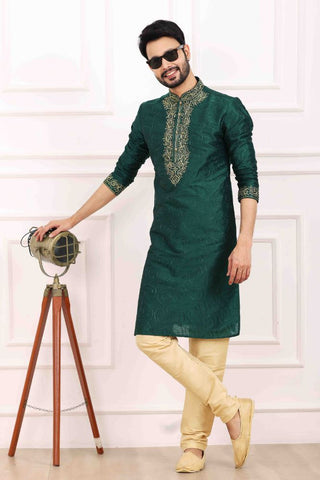Raivat Ethnic Art Banarasi Silk Thread Work Kurta Pajama In Green Colour