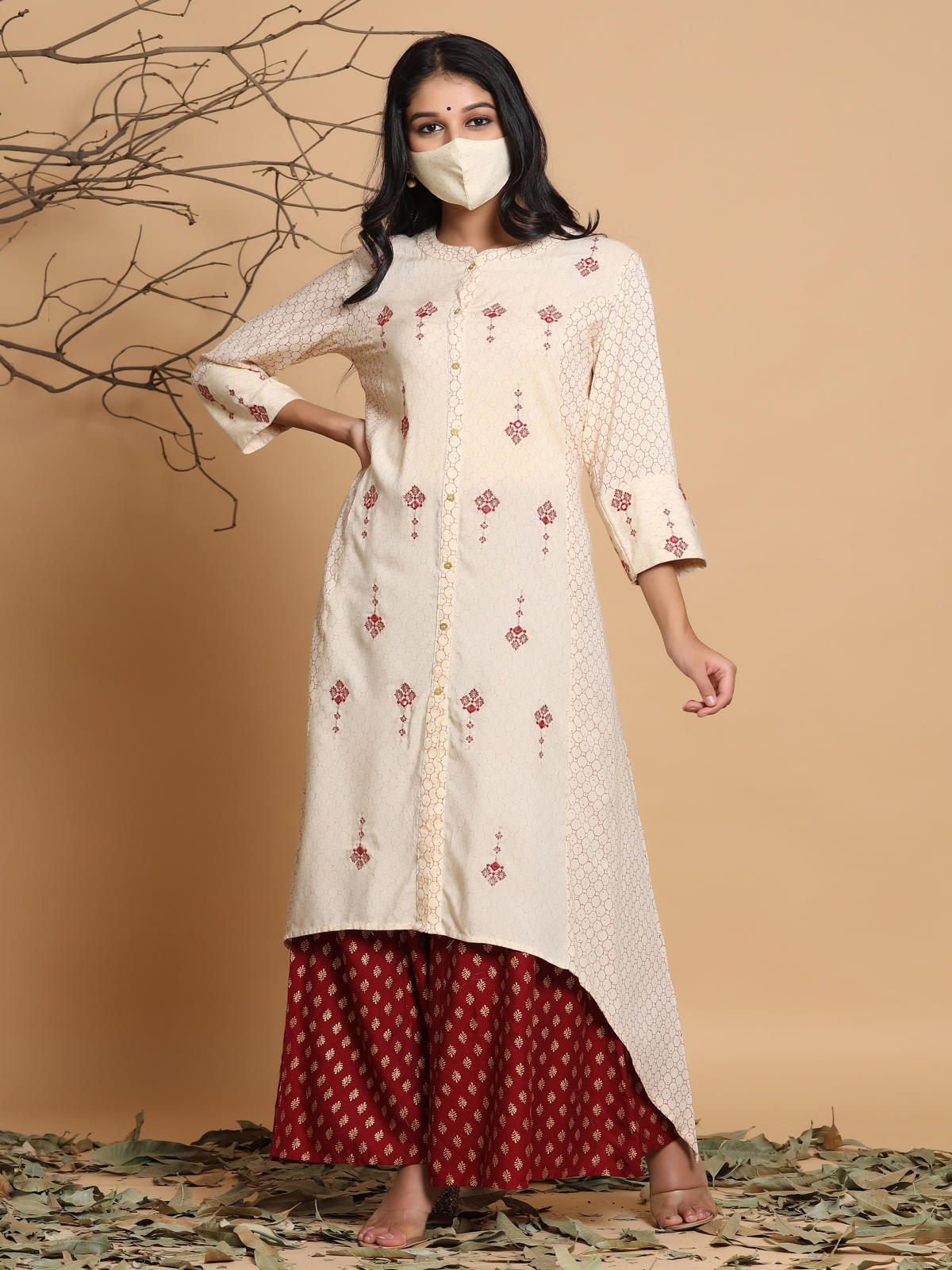Juniper Women's Ivory Geometric Printed & Embroidered Rayon Kurta - Distacart