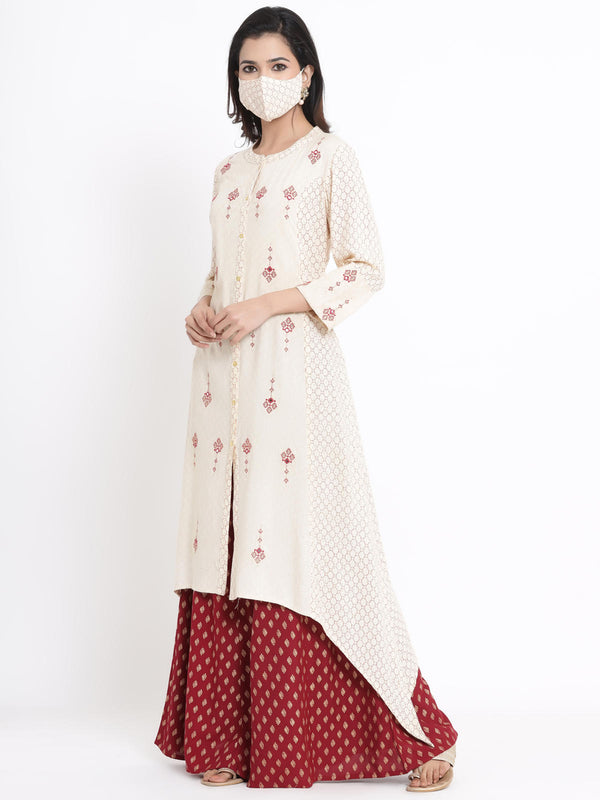 Juniper Women's Ivory Geometric Printed & Embroidered Rayon Kurta - Distacart