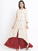 Thumbnail for Juniper Women's Ivory Geometric Printed & Embroidered Rayon Kurta - Distacart