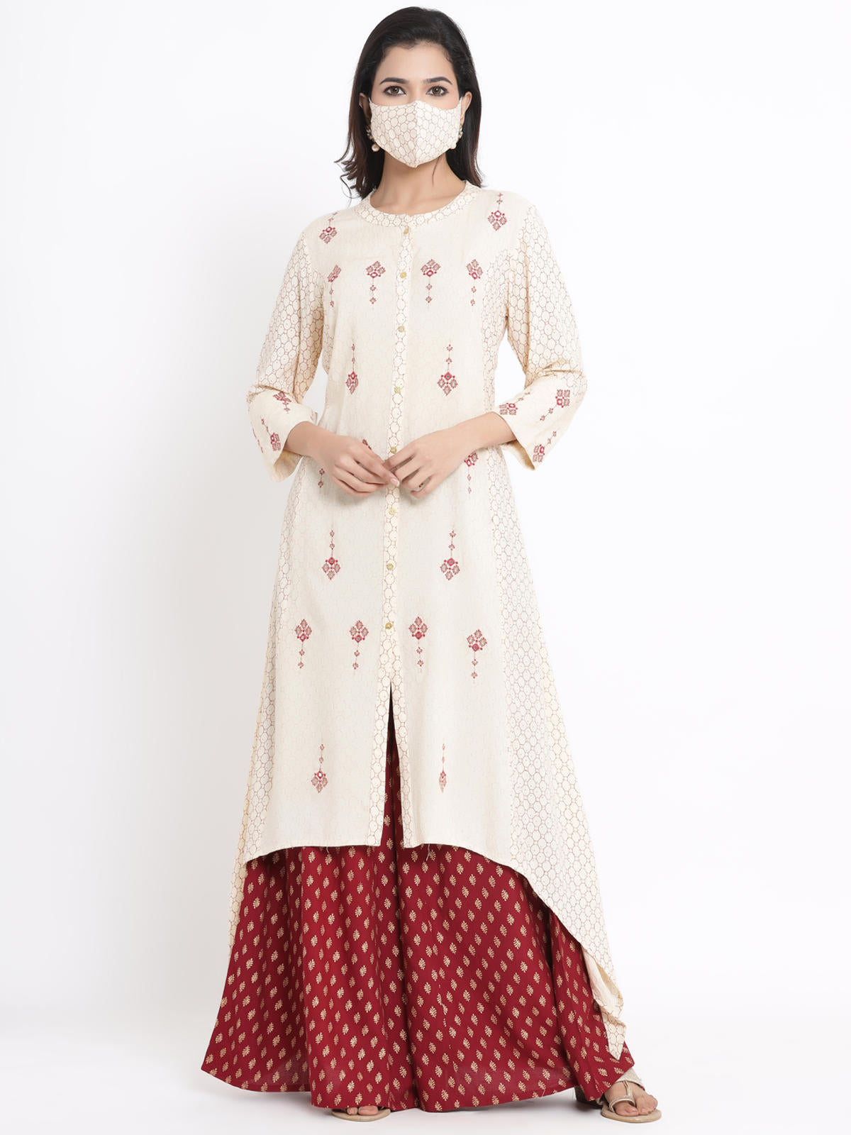 Juniper Women's Ivory Geometric Printed & Embroidered Rayon Kurta - Distacart