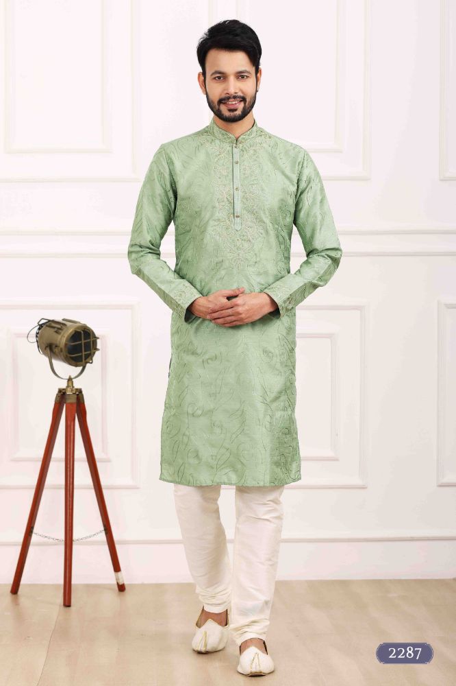 Raivat Ethnic Art Banarasi Silk Thread Work Kurta Pajama In Pista Green Colour