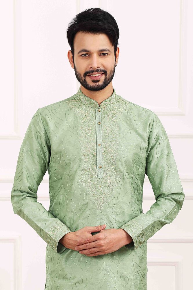 Raivat Ethnic Art Banarasi Silk Thread Work Kurta Pajama In Pista Green Colour
