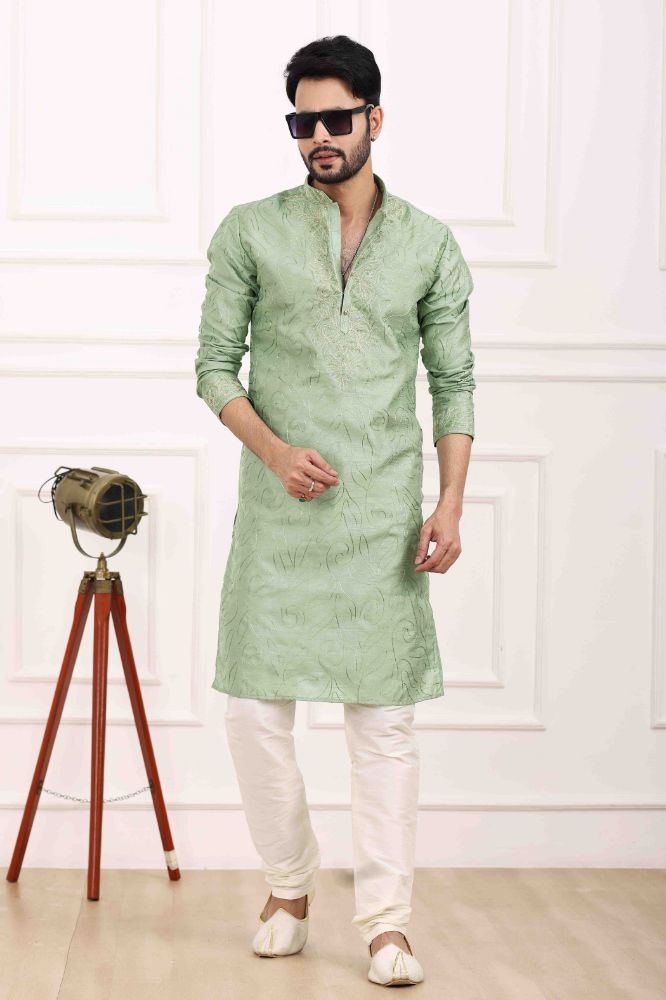 Raivat Ethnic Art Banarasi Silk Thread Work Kurta Pajama In Pista Green Colour
