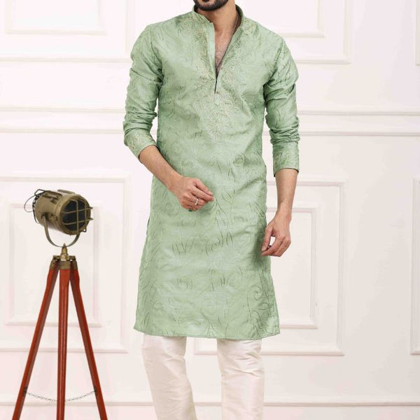 Raivat Ethnic Art Banarasi Silk Thread Work Kurta Pajama In Pista Green Colour - Distacart