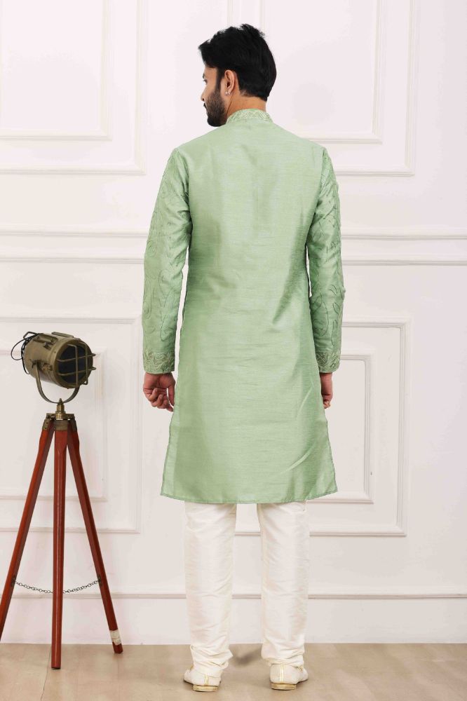 Raivat Ethnic Art Banarasi Silk Thread Work Kurta Pajama In Pista Green Colour