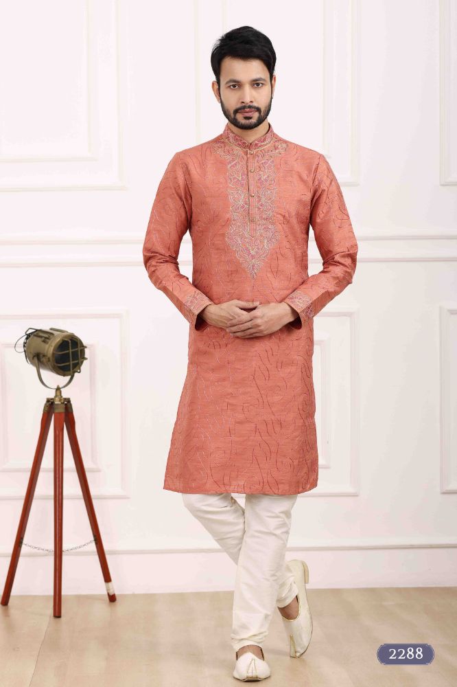 Raivat Ethnic Art Banarasi Silk Thread Work Kurta Pajama In Rust Pink Colour