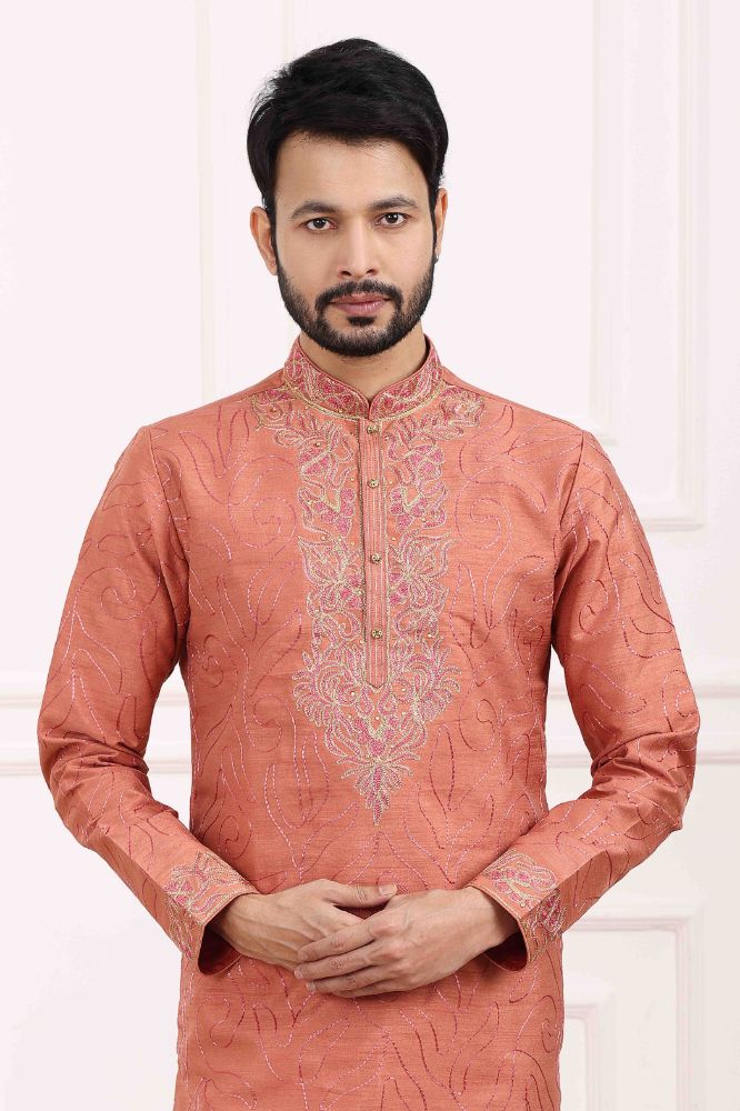 Raivat Ethnic Art Banarasi Silk Thread Work Kurta Pajama In Rust Pink Colour