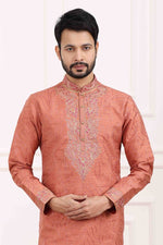 Thumbnail for Raivat Ethnic Art Banarasi Silk Thread Work Kurta Pajama In Rust Pink Colour