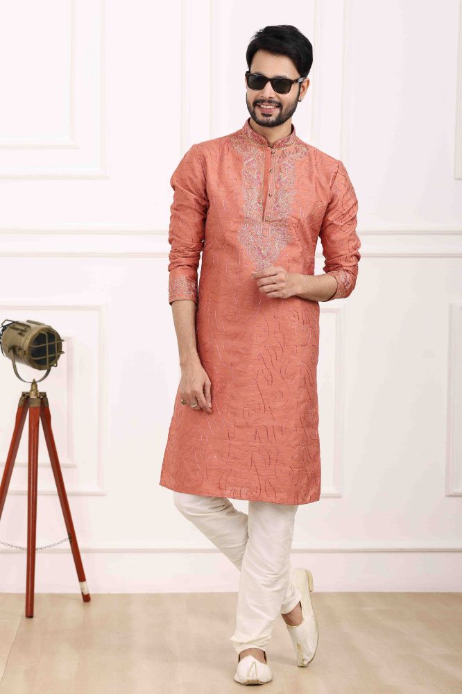 Raivat Ethnic Art Banarasi Silk Thread Work Kurta Pajama In Rust Pink Colour