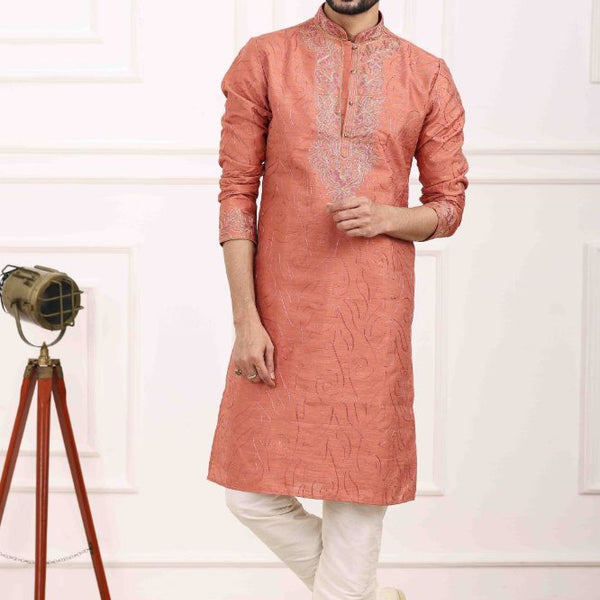 Raivat Ethnic Art Banarasi Silk Thread Work Kurta Pajama In Rust Pink Colour