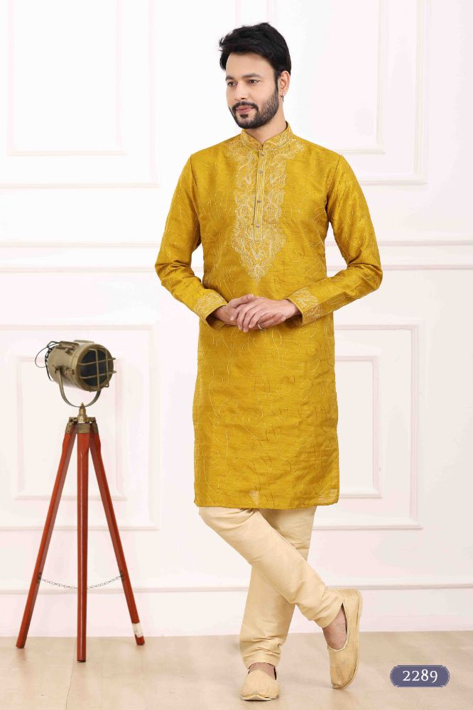 Raivat Ethnic Art Banarasi Silk Thread Work Kurta Pajama In Mustard Colour