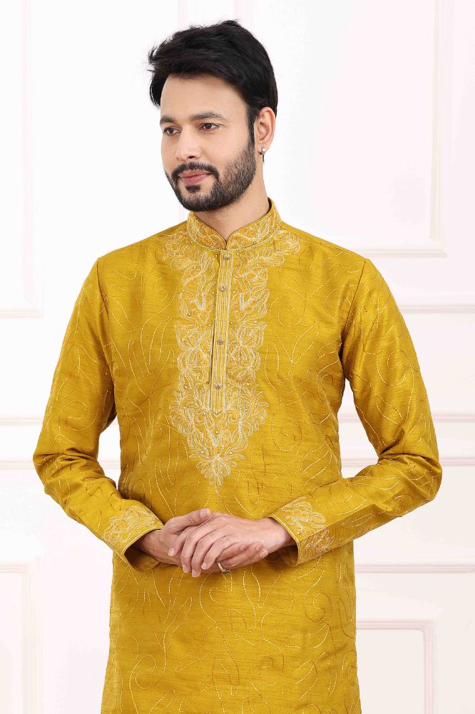Raivat Ethnic Art Banarasi Silk Thread Work Kurta Pajama In Mustard Colour