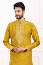 Thumbnail for Raivat Ethnic Art Banarasi Silk Thread Work Kurta Pajama In Mustard Colour