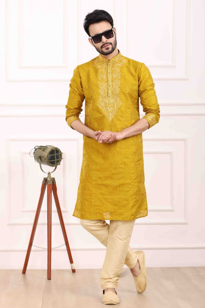 Raivat Ethnic Art Banarasi Silk Thread Work Kurta Pajama In Mustard Colour