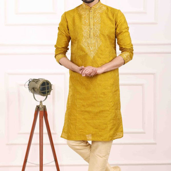 Raivat Ethnic Art Banarasi Silk Thread Work Kurta Pajama In Mustard Colour