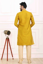 Thumbnail for Raivat Ethnic Art Banarasi Silk Thread Work Kurta Pajama In Mustard Colour