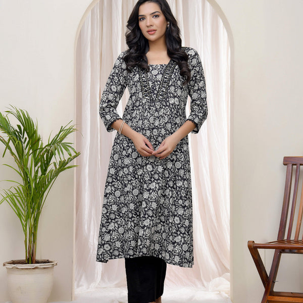 Vaasva Black Floral Cotton Printed Gathered Kurti