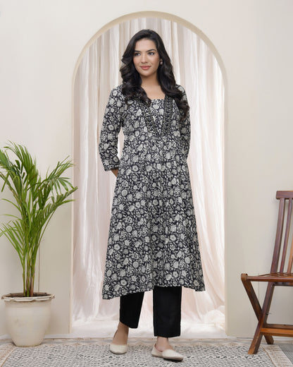 Vaasva Black Floral Cotton Printed Gathered Kurti - Distacart