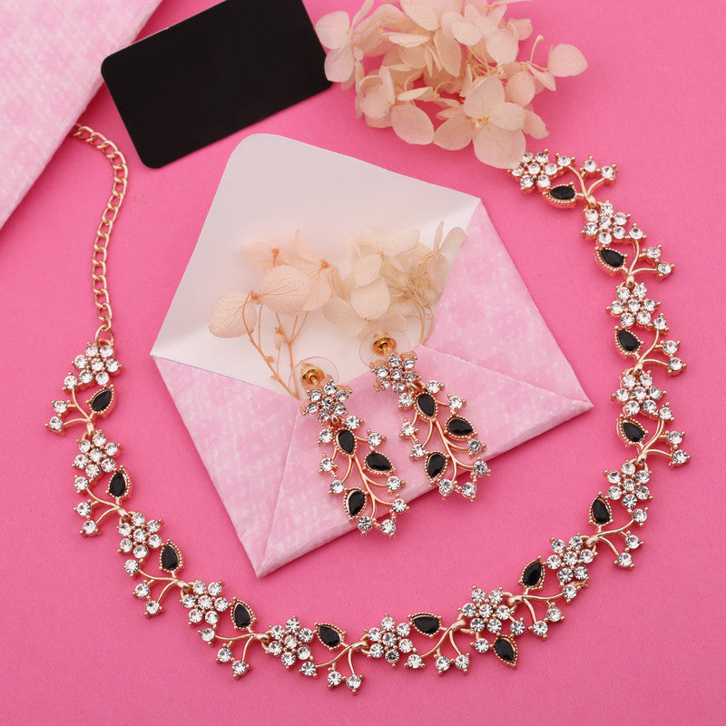 Tehzeeb Creations Brass, Stone, Crystal, Stainless Steel Gold-Polished Black Jewel Set - Distacart