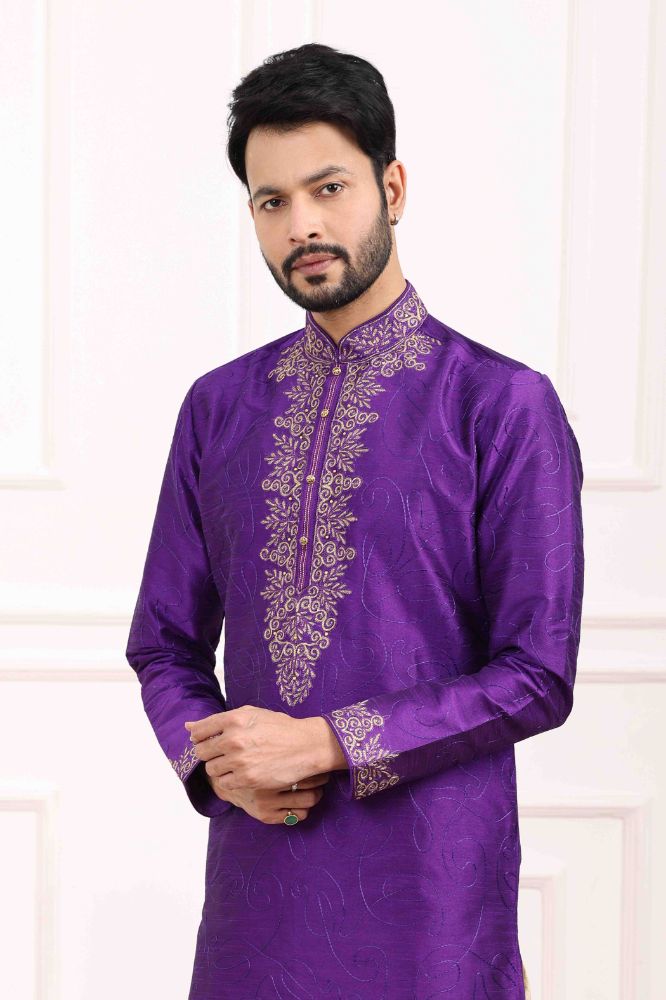 Raivat Ethnic Art Banarasi Silk Thread Work Kurta Pajama In Purple Colour