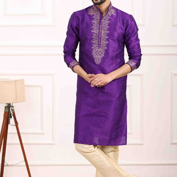 Raivat Ethnic Art Banarasi Silk Thread Work Kurta Pajama In Purple Colour