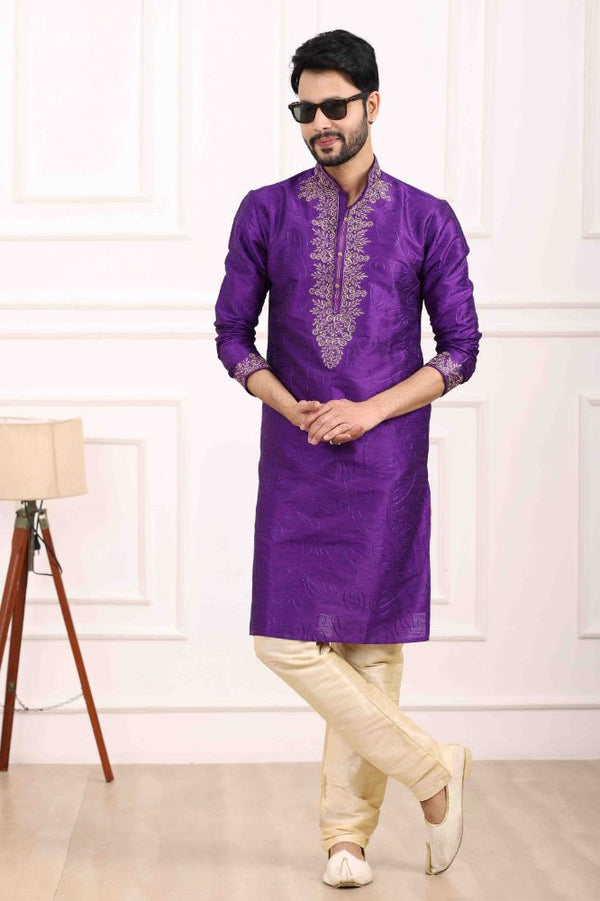 Raivat Ethnic Art Banarasi Silk Thread Work Kurta Pajama In Purple Colour