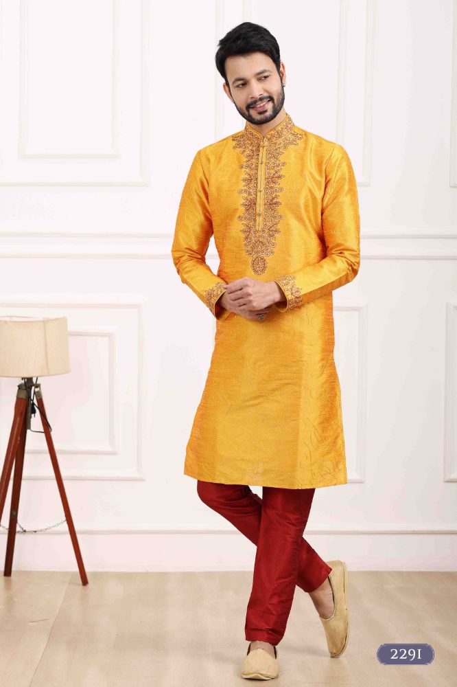 Raivat Ethnic Art Banarasi Silk Thread Work Kurta Pajama In Mustard Colour
