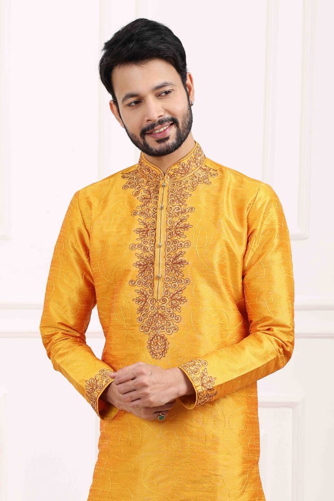 Raivat Ethnic Art Banarasi Silk Thread Work Kurta Pajama In Mustard Colour
