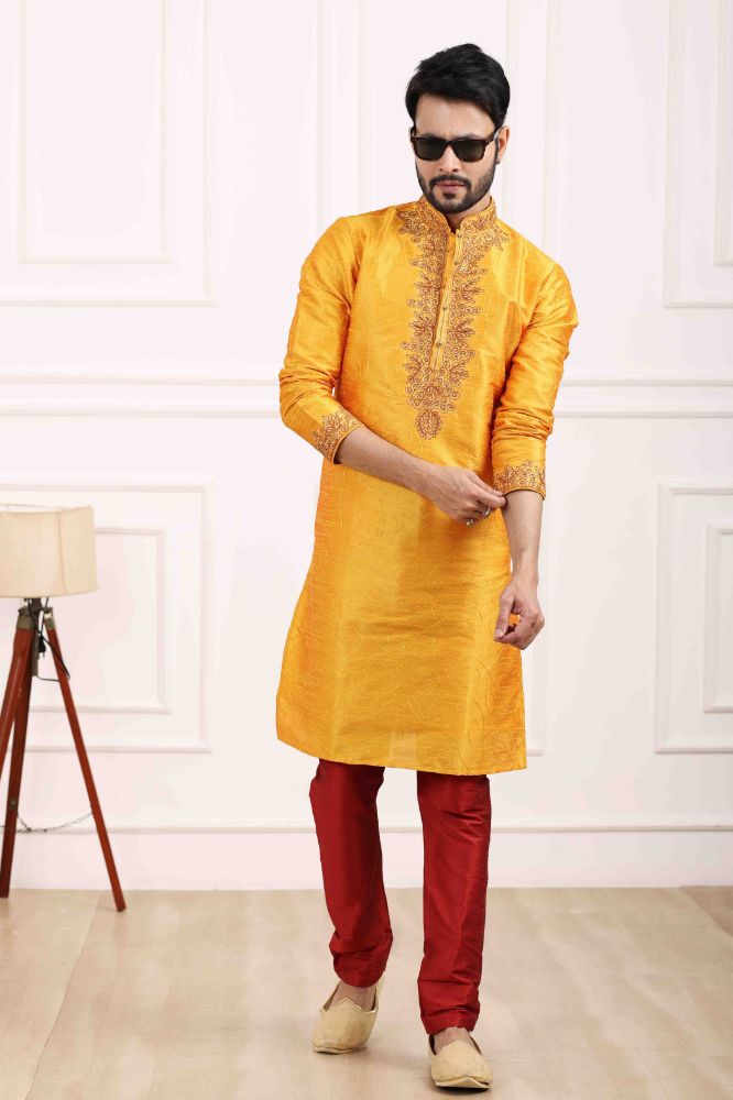 Raivat Ethnic Art Banarasi Silk Thread Work Kurta Pajama In Mustard Colour