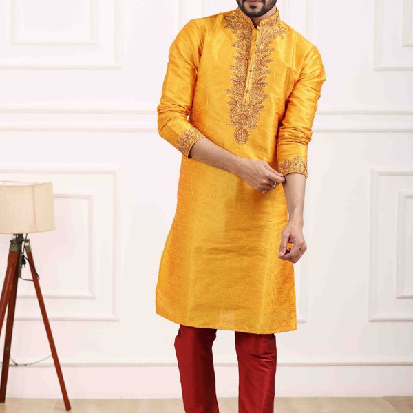 Raivat Ethnic Art Banarasi Silk Thread Work Kurta Pajama In Mustard Colour