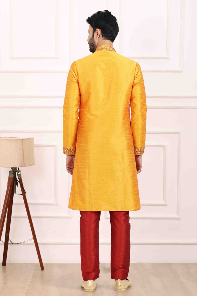 Raivat Ethnic Art Banarasi Silk Thread Work Kurta Pajama In Mustard Colour