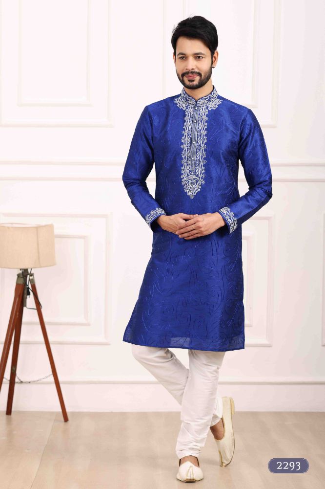 Raivat Ethnic Art Banarasi Silk Thread Work Kurta Pajama In Blue Colour