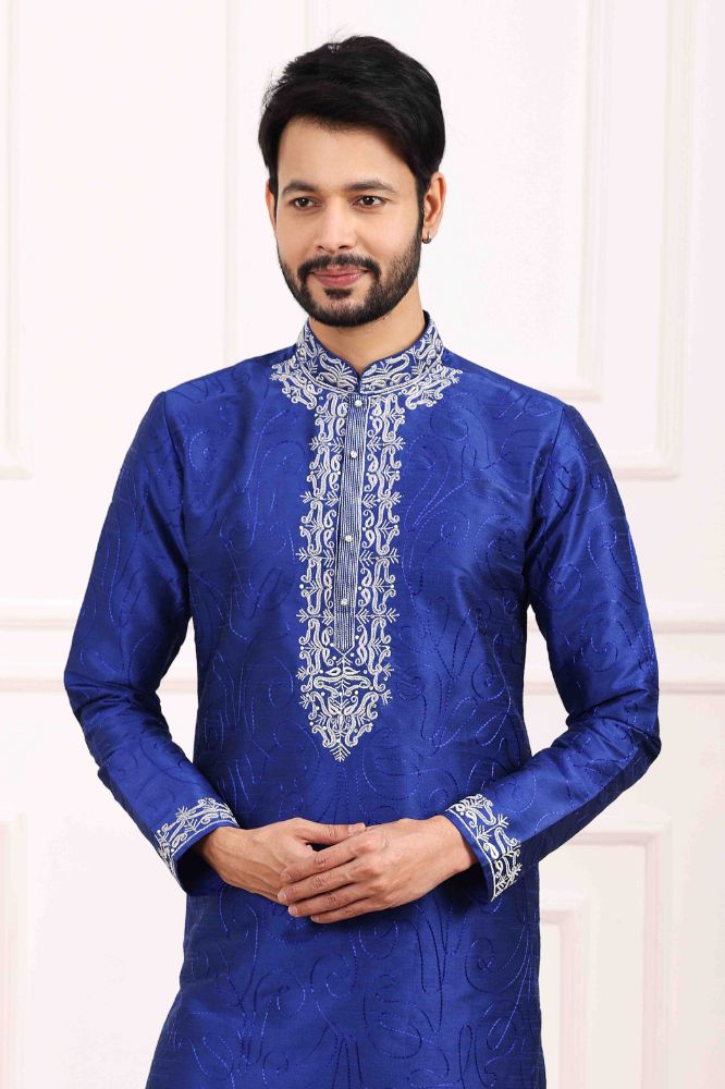 Raivat Ethnic Art Banarasi Silk Thread Work Kurta Pajama In Blue Colour