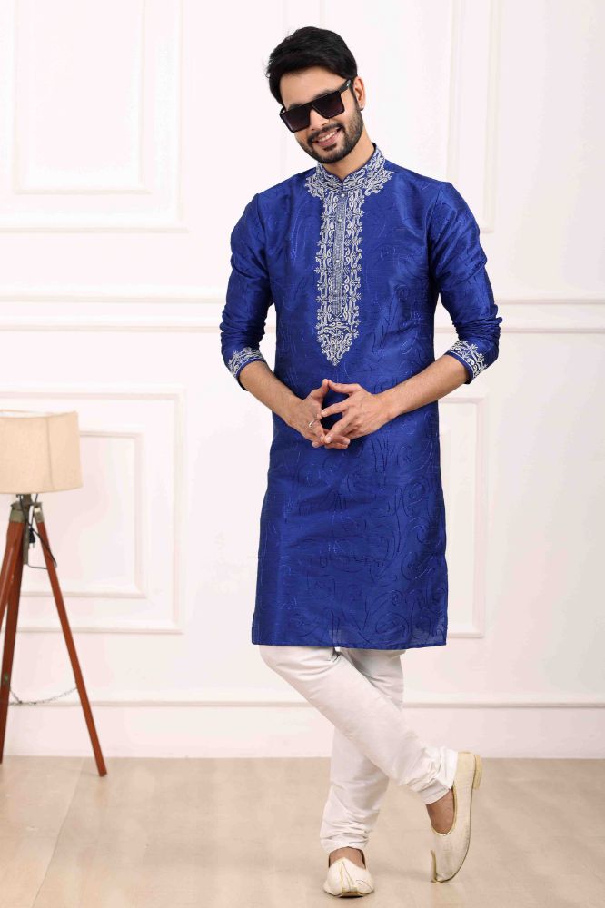 Raivat Ethnic Art Banarasi Silk Thread Work Kurta Pajama In Blue Colour