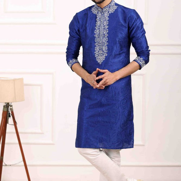 Raivat Ethnic Art Banarasi Silk Thread Work Kurta Pajama In Blue Colour