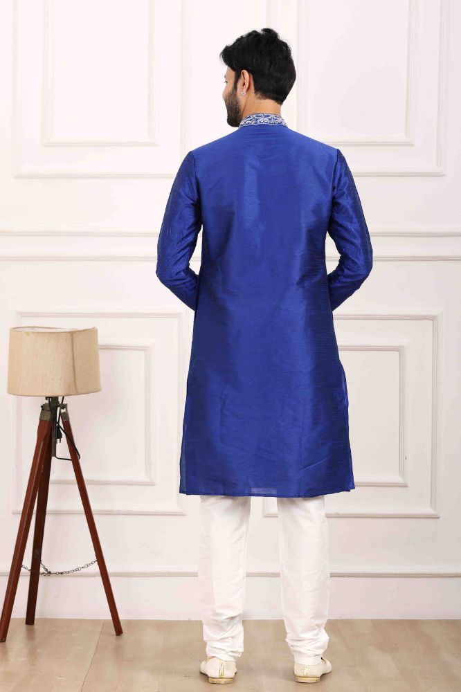 Raivat Ethnic Art Banarasi Silk Thread Work Kurta Pajama In Blue Colour