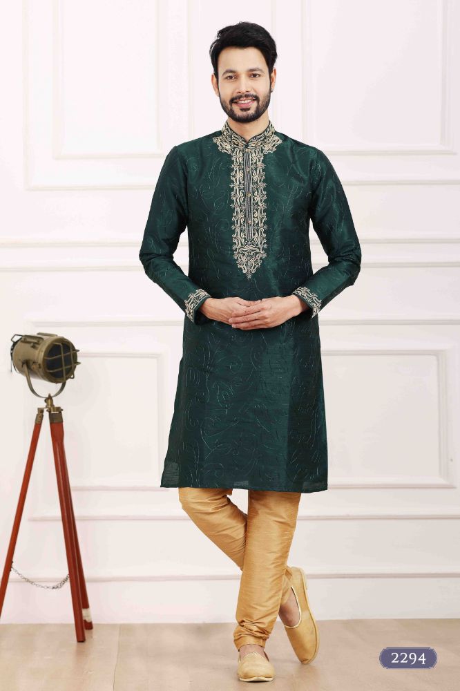Raivat Ethnic Art Banarasi Silk Thread Work Kurta Pajama In Green Colour