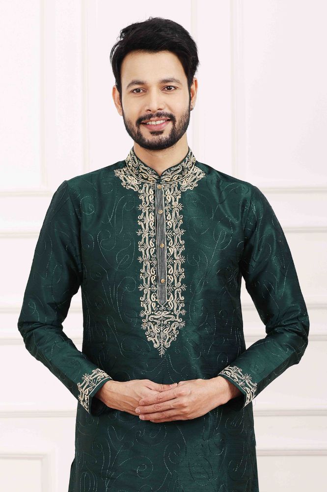 Raivat Ethnic Art Banarasi Silk Thread Work Kurta Pajama In Green Colour
